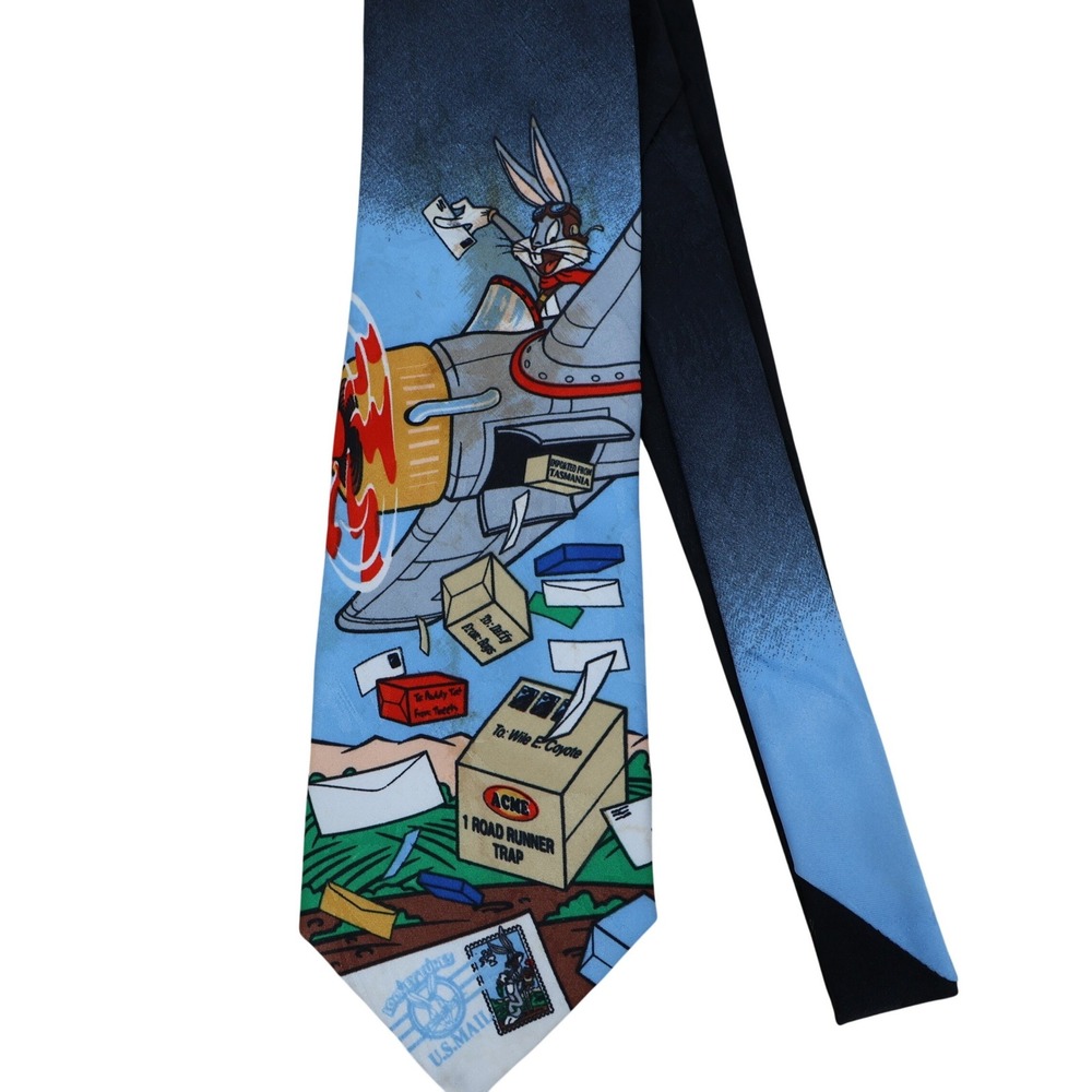Looney Tunes Vintage 90s Bugs Bunny Tie Mens Blue Novelty Air Mail Pilot USPS